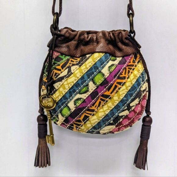 FOSSIL | Patchwork and Leather Drawstring Bag with Key FOB and Tassles - Picture 1 of 12